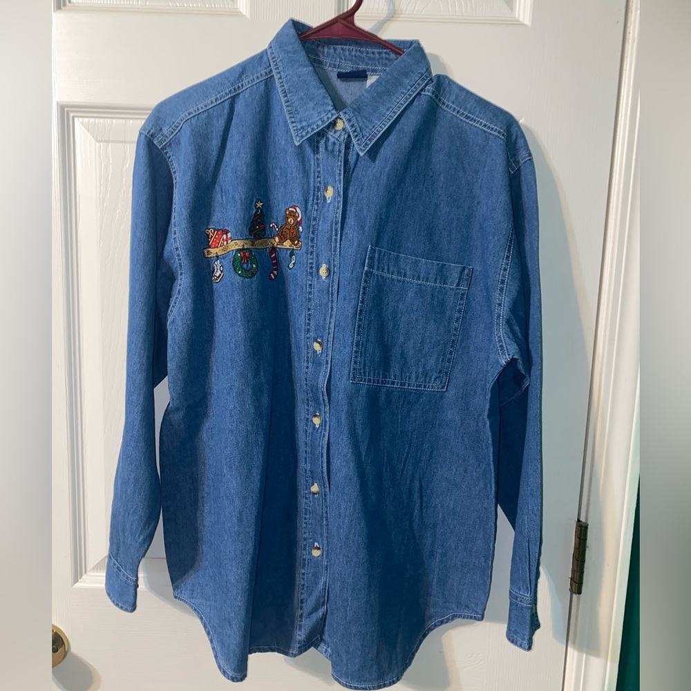 Women's Vintage Blue Denim Button Down Shirt with Holiday Embroidery - Picture 1 of 4